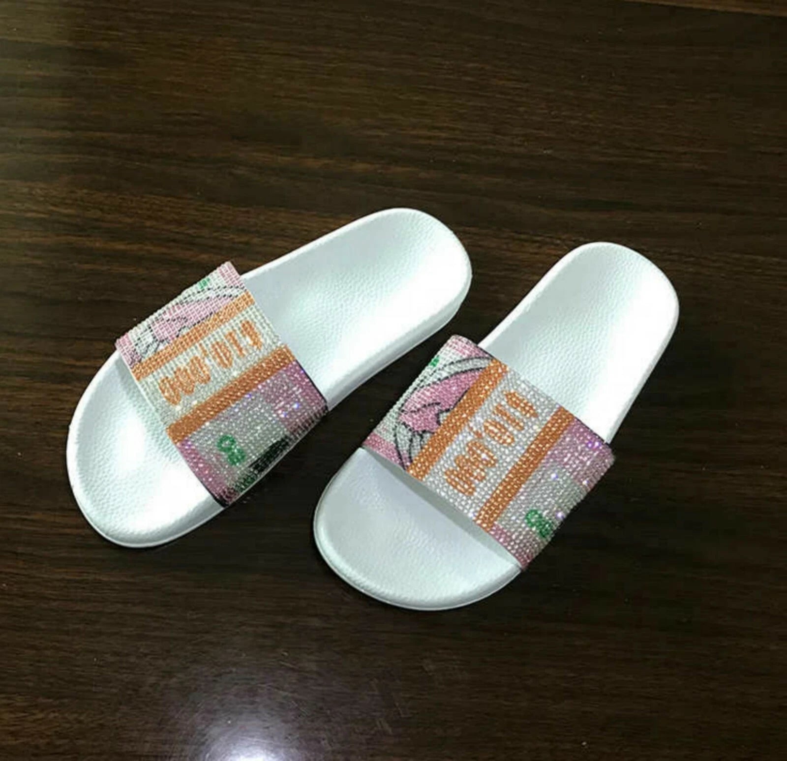 Money Print Rhinestone Slides, Summer Statement Sandals, Bands 10k Bling Slides