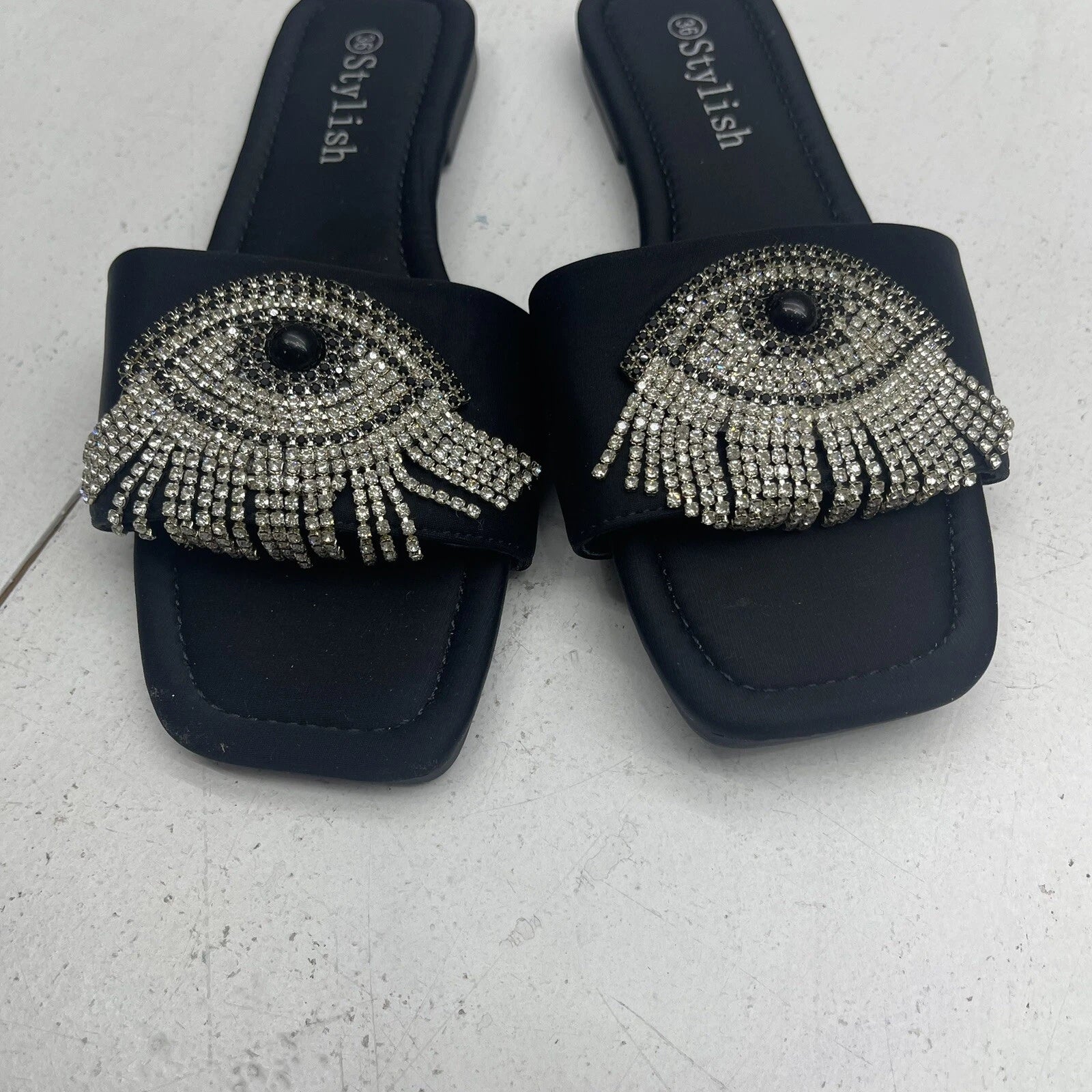 Stylish Black Rhinestone Tassel Evil Eye Square Toe Slide Sandals Women’s 36