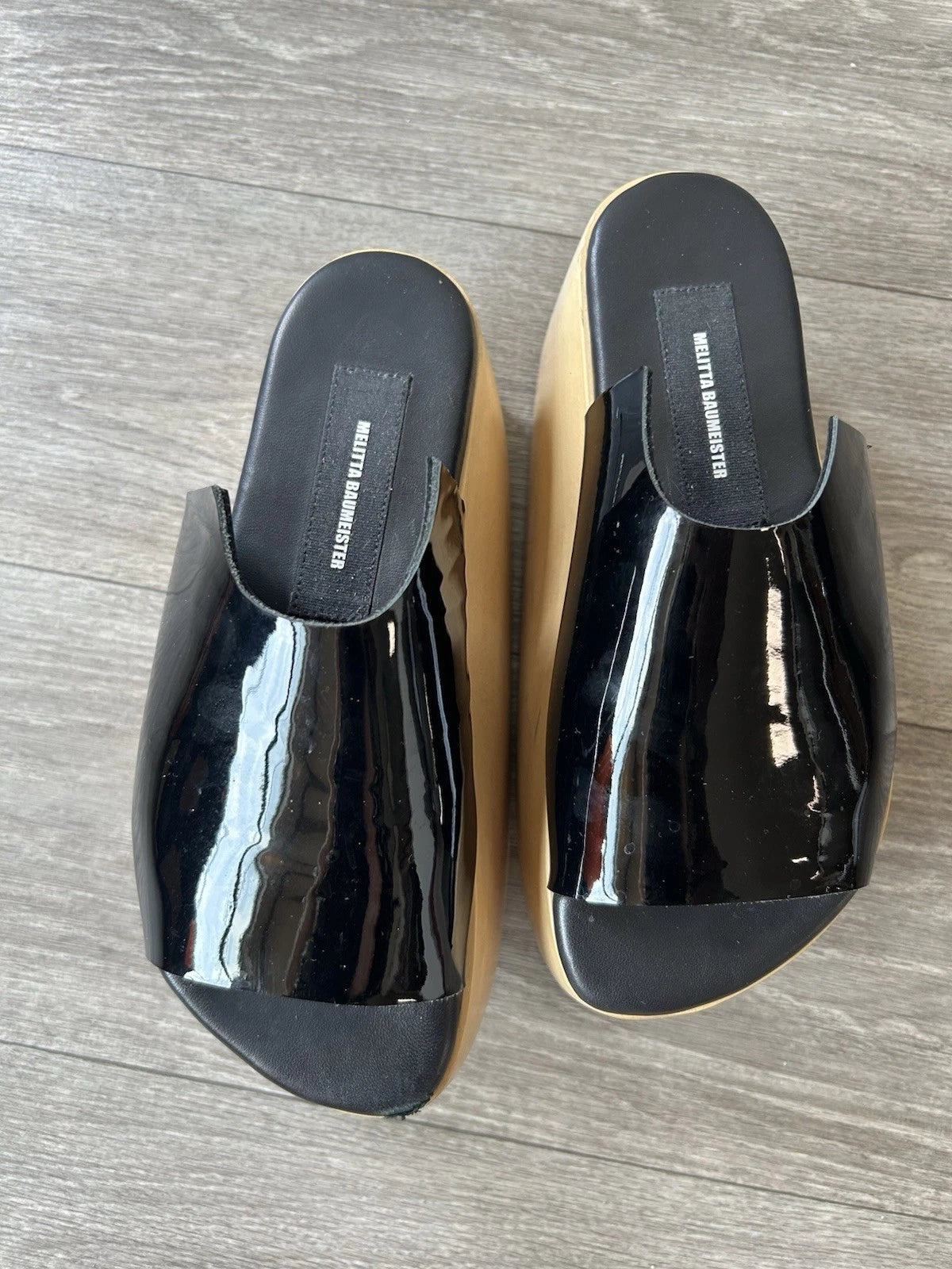 MELITTA BAUMEISTER Wood Platform Patent Leather Slide Sandals Designer Shoes 7