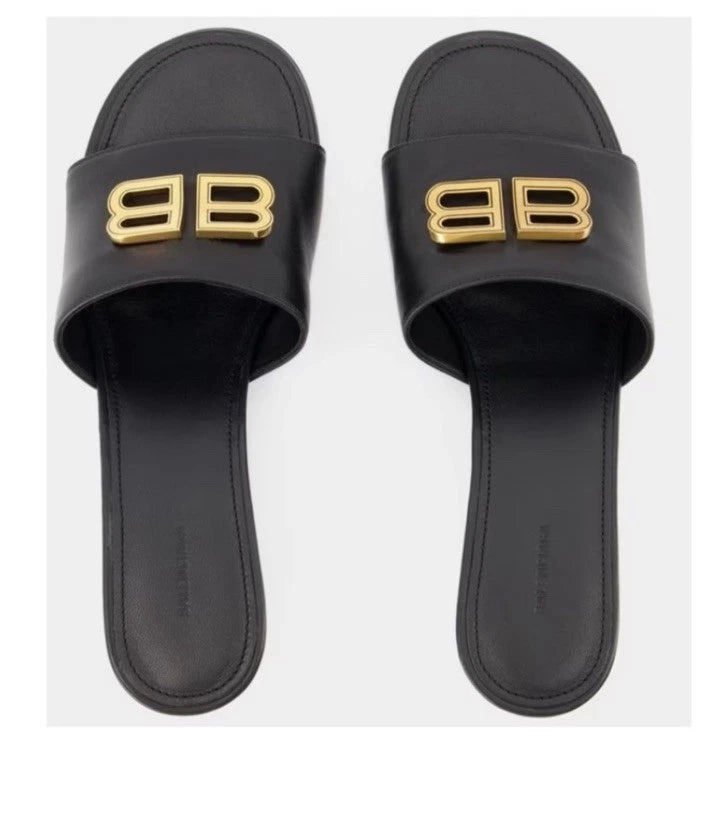 BALENCIAGA Groupie BB Logo Black Slide Sandal Shoes Heels Size 39.5 US 9.5