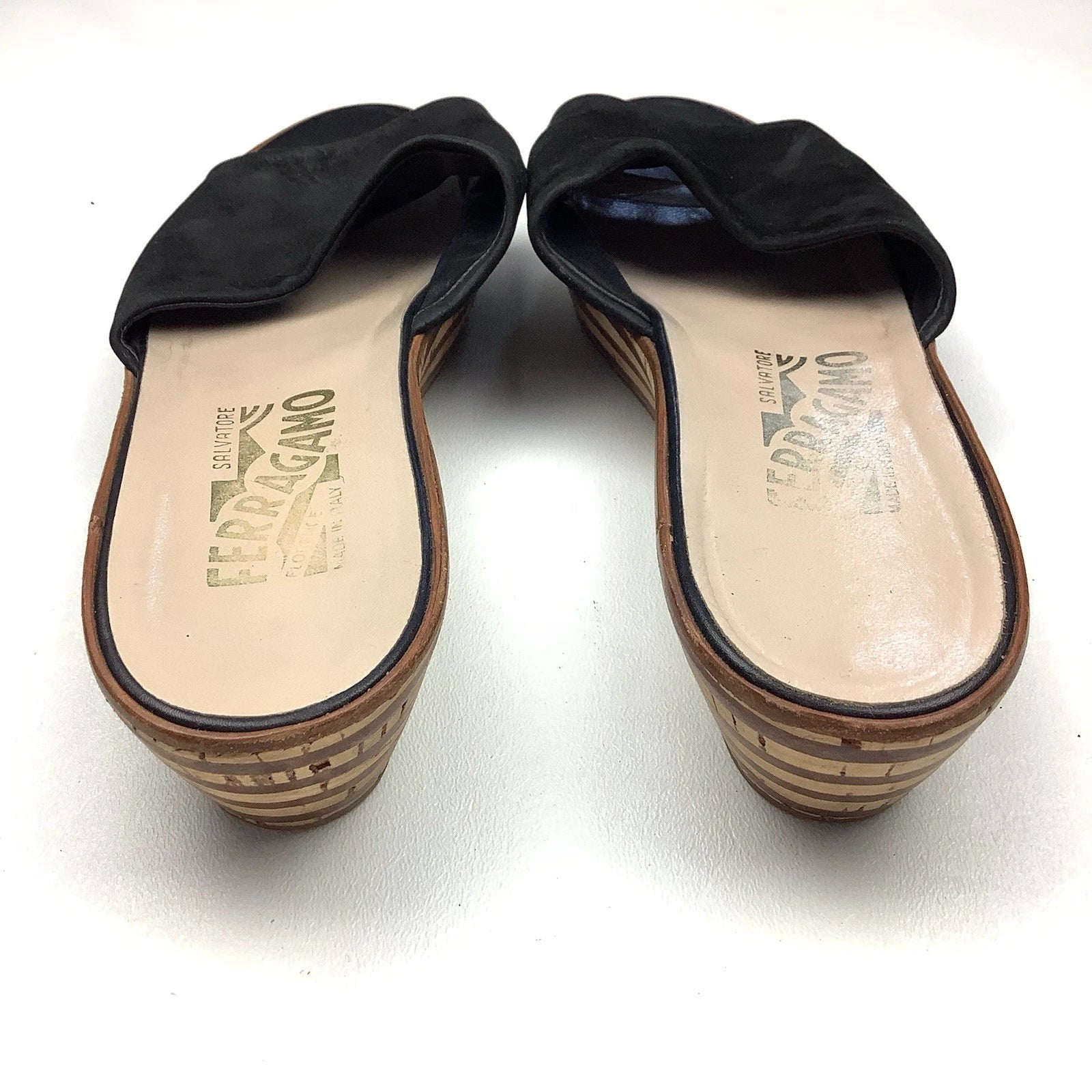 Salvatore Ferragamo Black Leather Slides Sandals Women Size 7 Wood Cork Wedge