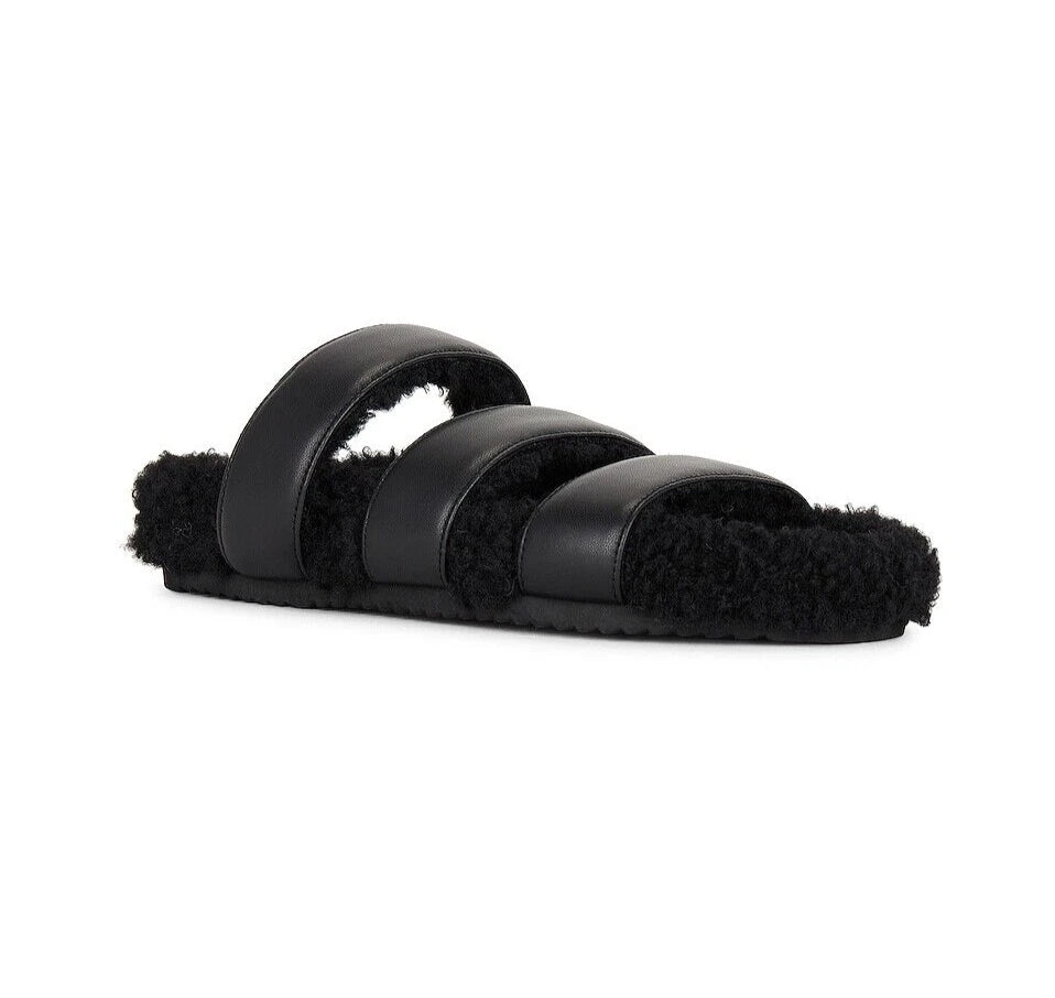ROAM NIB $139 Black 3 Strap Faux Leather Fuzzy Slide Sandals Sz 6