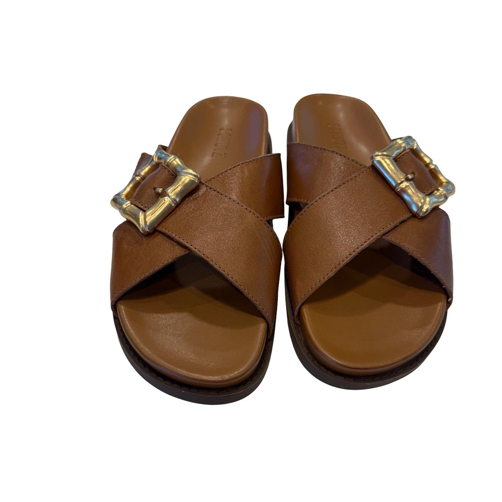 SCHUTZ Enola Crisscross Buckle CAMEL Leather Sandals Slides Women's 7 NEW!