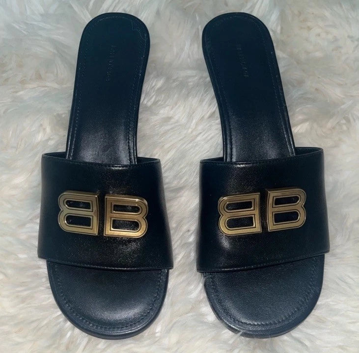BALENCIAGA Groupie BB Logo Black Slide Sandal Shoes Heels Size 39.5 US 9.5