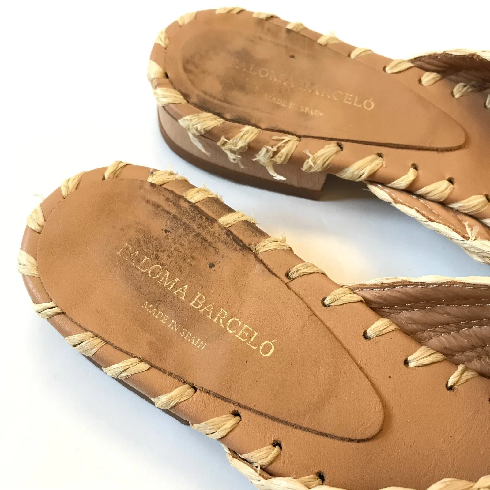 Paloma Barcelo Raffia Sandals Slide Womens 39 9 Natural Open Toe Slip On Leather