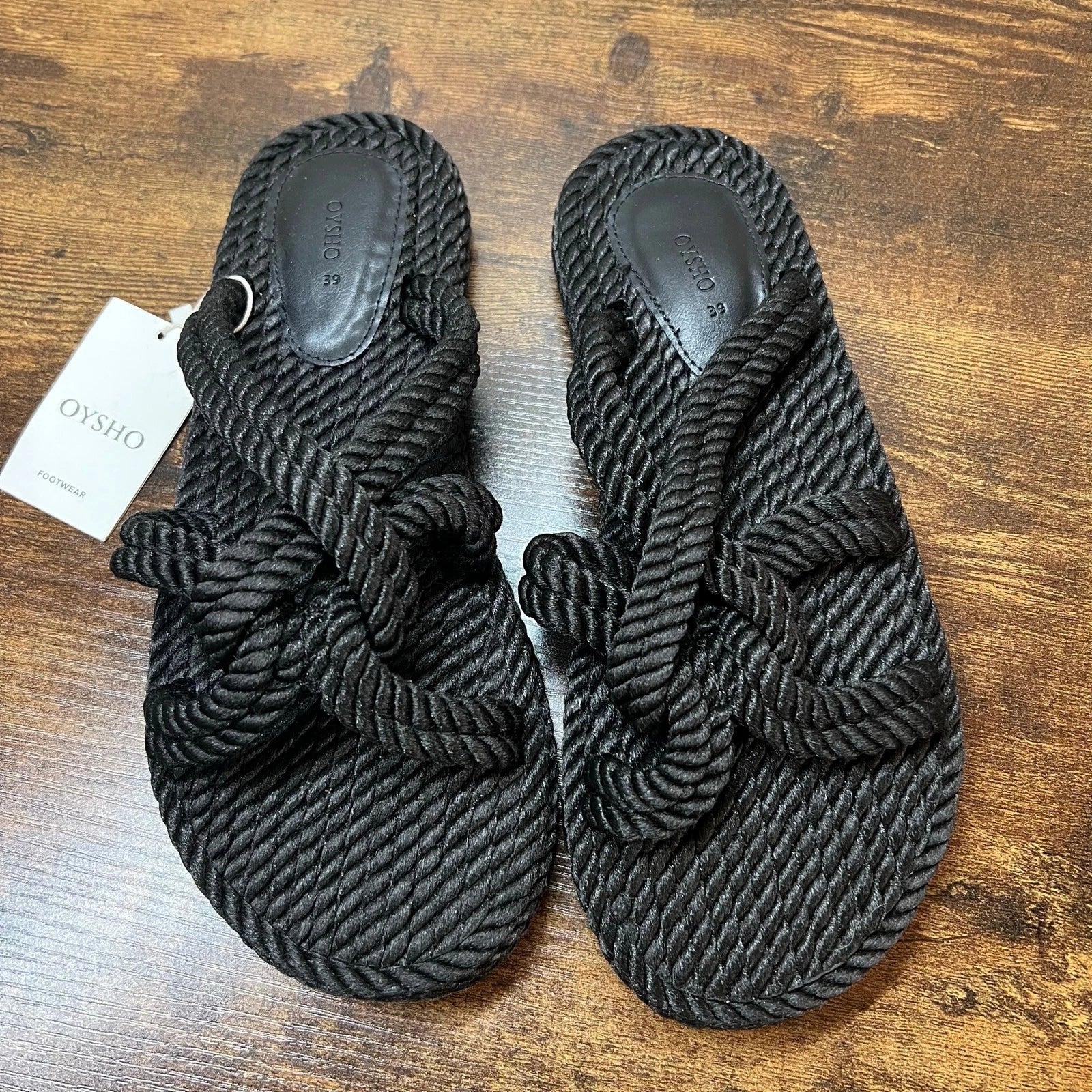 OYSHO Rope Slide Sandals 8 Womens Black Slip On Beach Boho Open Toe Casual New