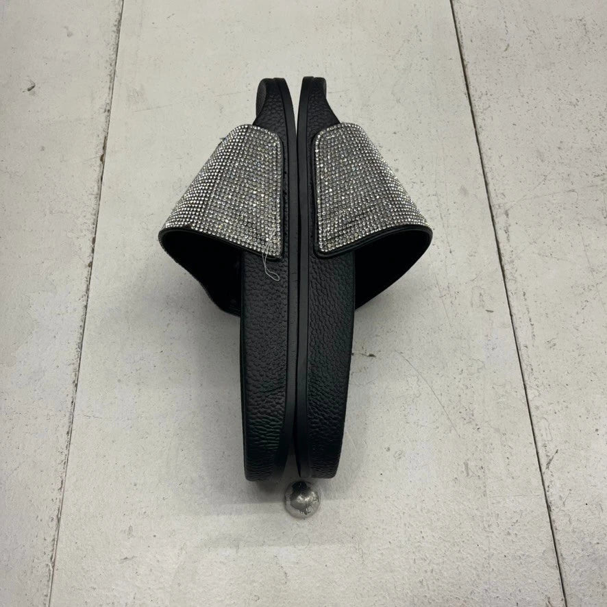 Fashion Nova Black & Silver Rhinestone Slip-On Slide Sandals Women's Size 6.5