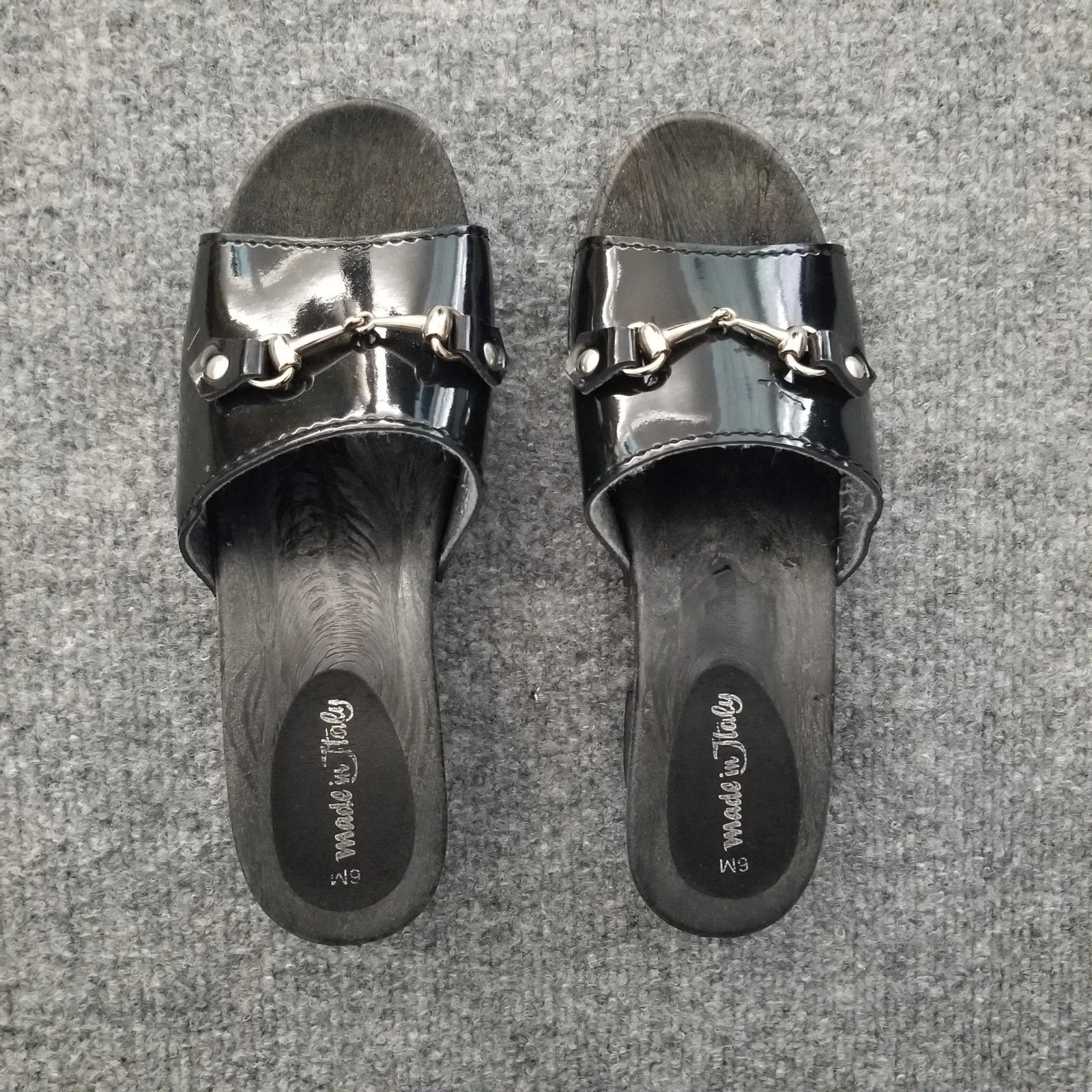 Made in Italy Women Clogs Size US 6M Black Open Toe Wooden Look w Silver Buckle*