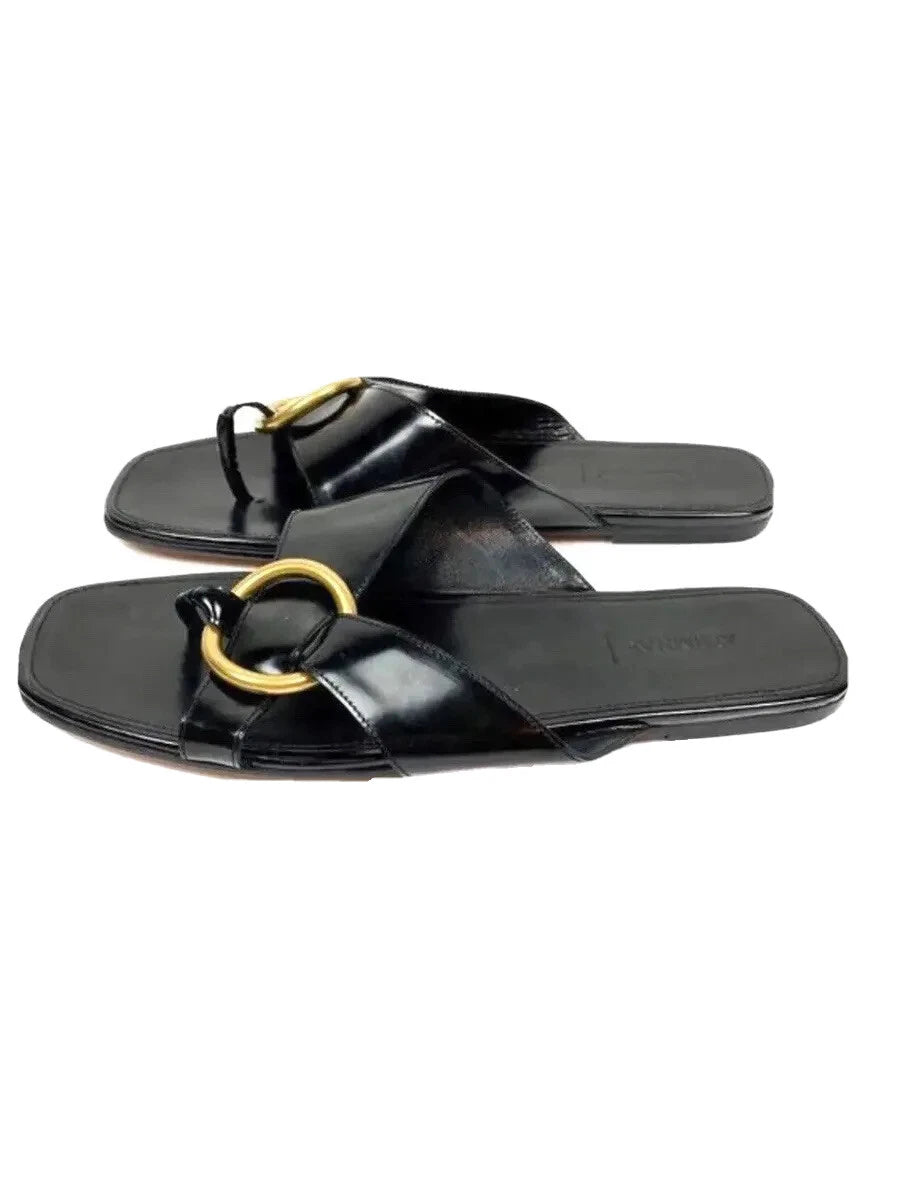 Alumnae Black Asymmetrical Leather ring flat sandals size 40 US 9