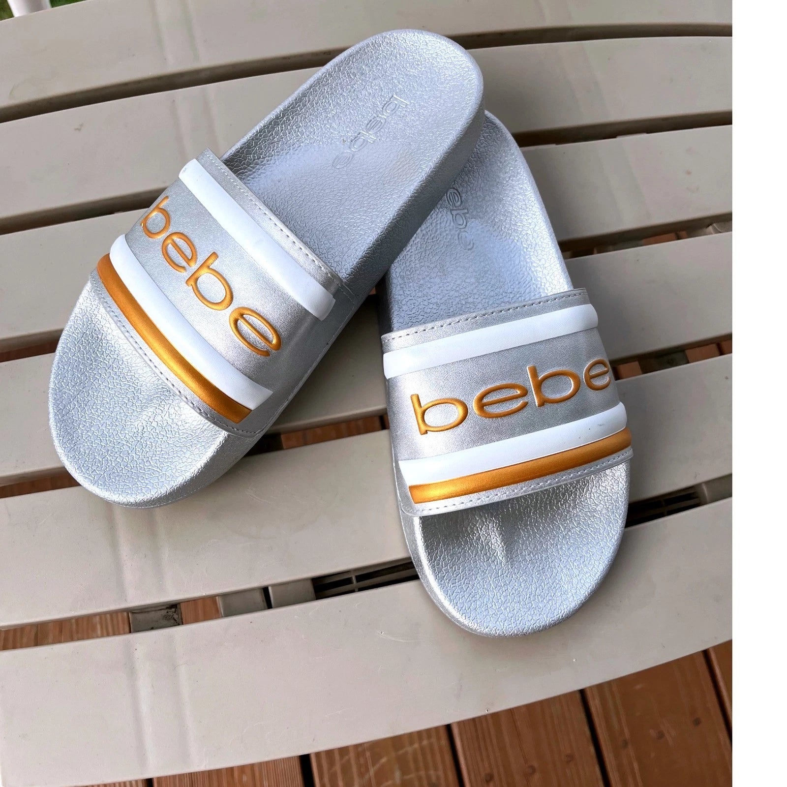 Bebe Silver Slides Sandals Women's Casual Slip On Logo Comfort Size 8 NWOT
