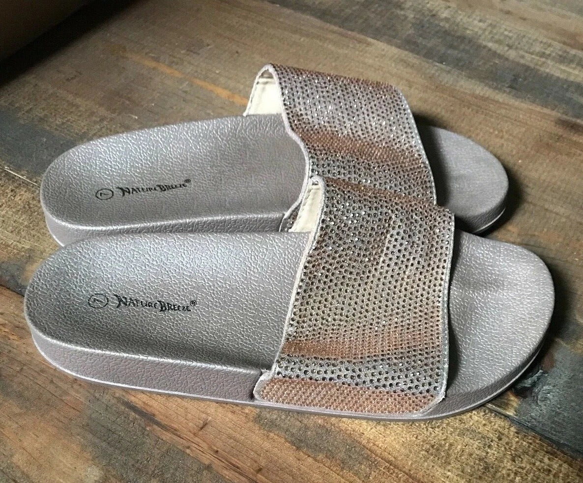 Nature Breeze Women's Sandals-Shoes-Size 7-Gold-Flat-Rhinestones-Fashion Slides