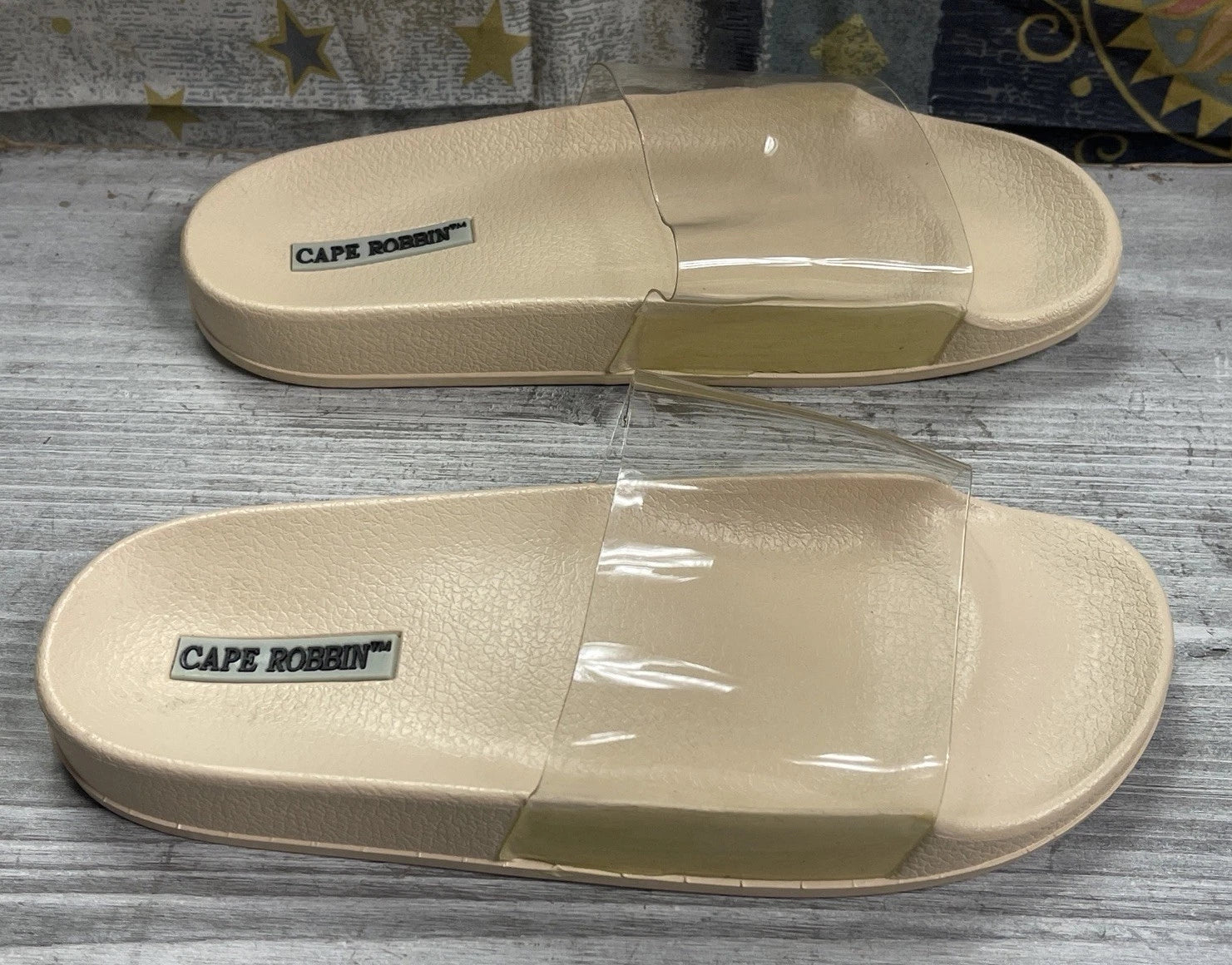 Cape Robbin Clear & Tan Strap Slides Sandals Beach Slip On Flats Mules - Size 7