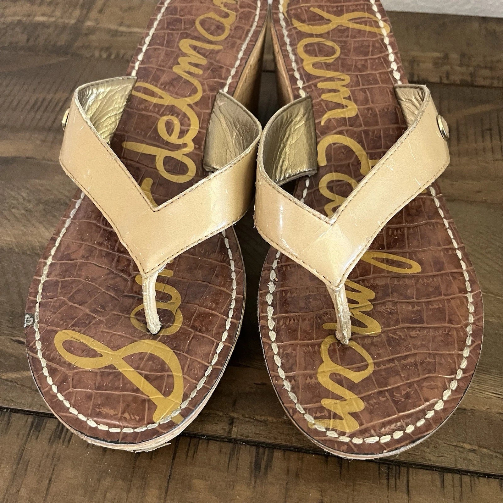 Sam Edelman Women's Romy Sandal Size 7.5 M Cork Wedge Platform Tan Thong Slide