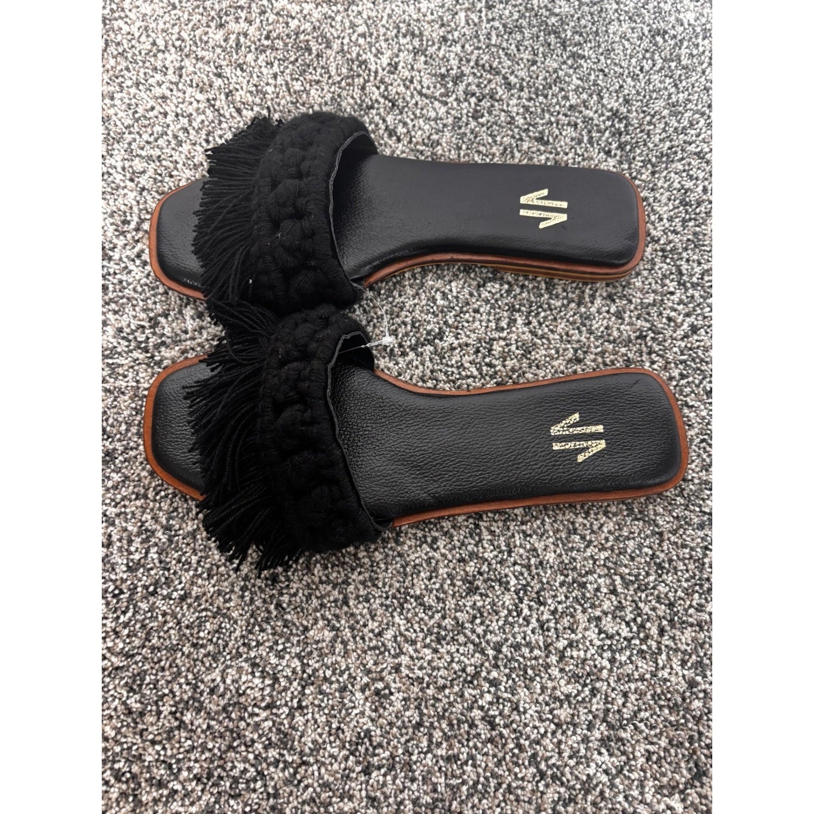 Silvia Cobos Black Candy Fringe Detail Square Toe Flat Slide Sandals