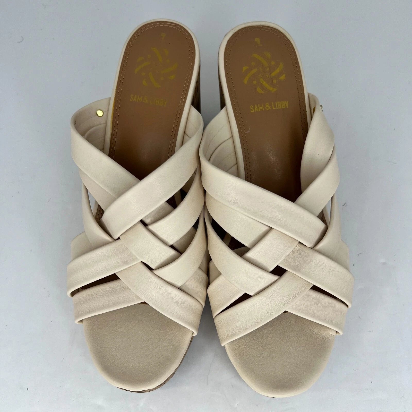 Sam & Libby Womens Cayla Ivory Faux Leather Cork Wedge Slide Size 9 Sandals