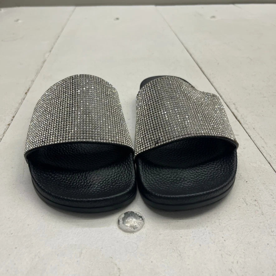 Fashion Nova Black & Silver Rhinestone Slip-On Slide Sandals Women's Size 6.5