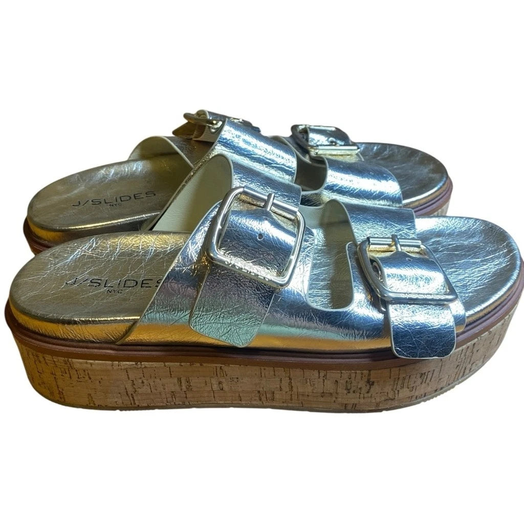 J/Slides Belinda Double Buckle Platform Gold Slide Sandals Women’s Size 10