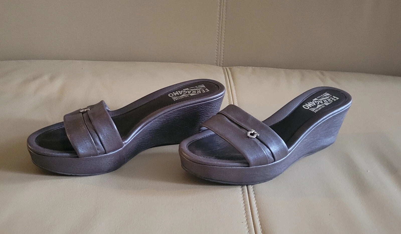 Ferragamo Mules Slides Mid Wedge Gunmetal Silver Leather Women Sandals US 8.5