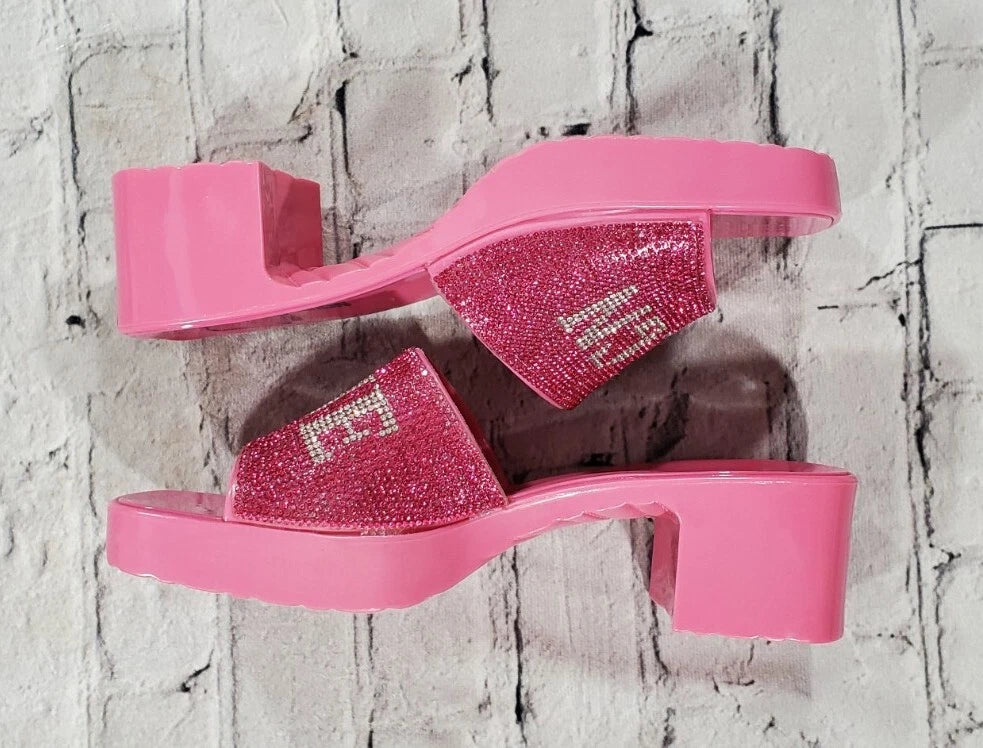 True Religion Bling Silver Pink Stoned Sandals Block Heels WOMENS SIZE 10