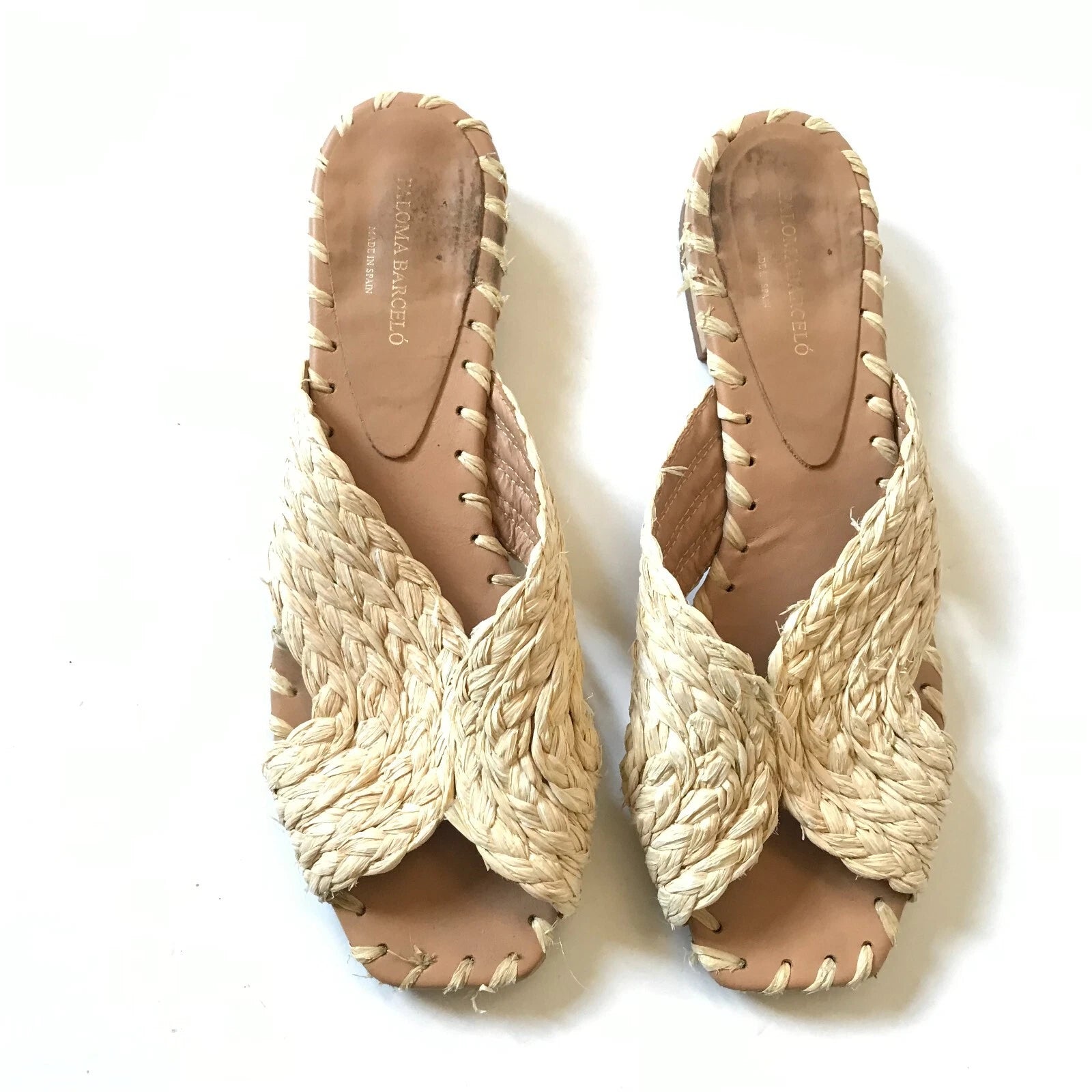 Paloma Barcelo Raffia Sandals Slide Womens 39 9 Natural Open Toe Slip On Leather