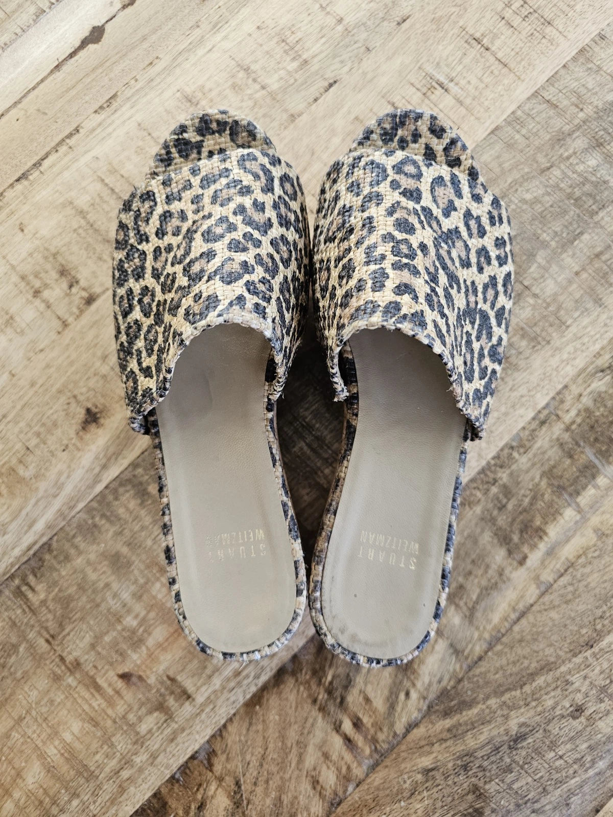 Stuart Weitzman Womens Flatout Leopard Canvas Raffia Flatform Slide Sandals 8.5