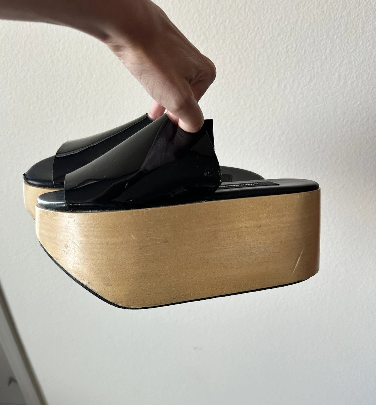 MELITTA BAUMEISTER Wood Platform Patent Leather Slide Sandals Designer Shoes 7