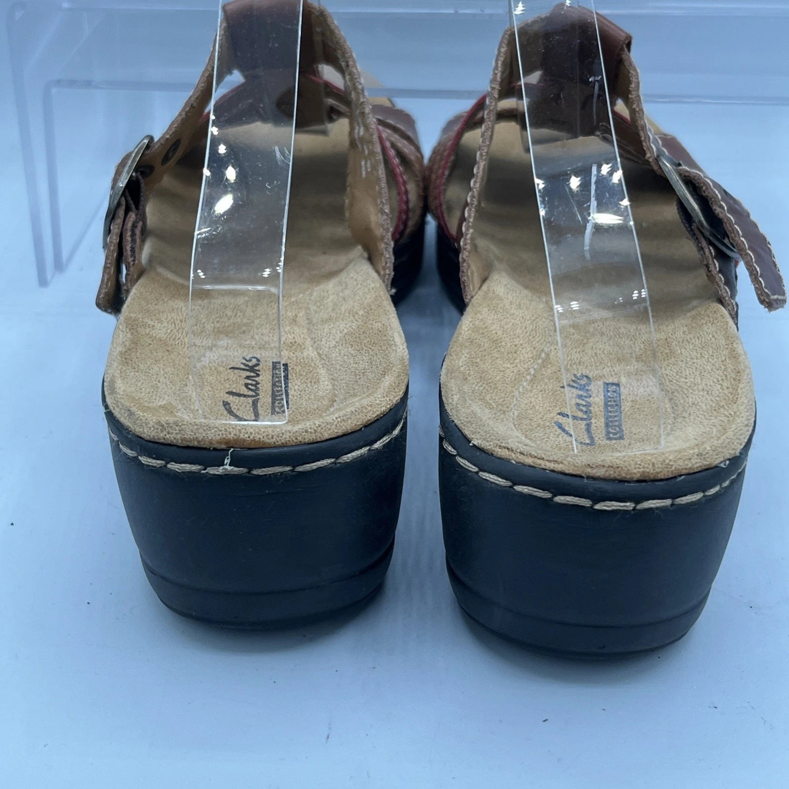 Clarks Leather Strappy Buckle Sandals Brown Red Women’s 11 Comfort Boho Style