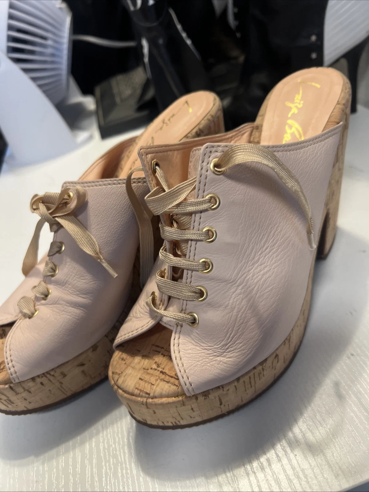 Luiza Barcelos 40 Platform Leather Mules Open Toe Slide Sandal Pink Leather Gold