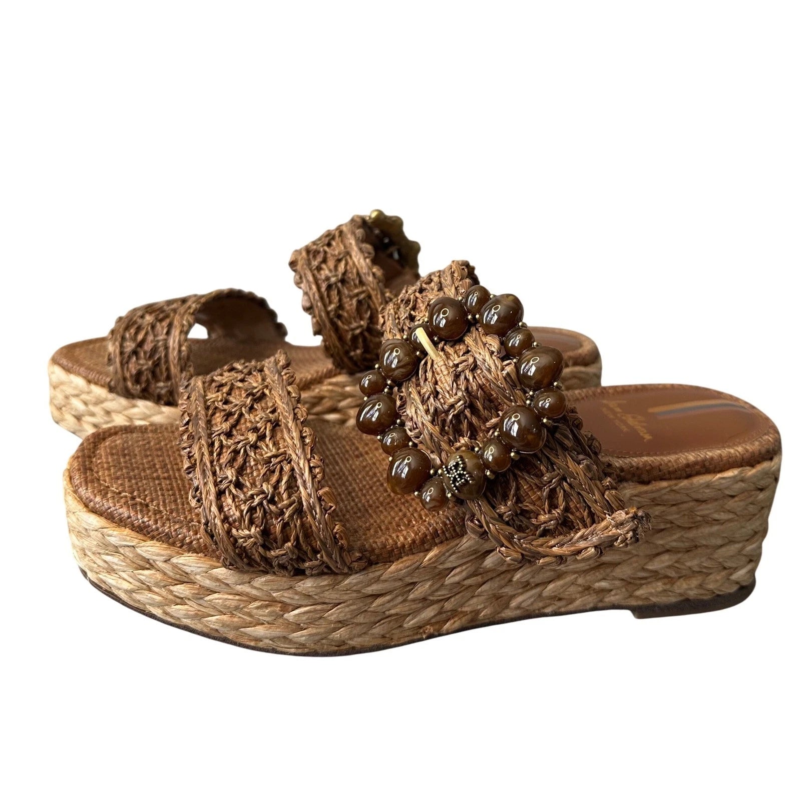 Sam Edelman Woven Raffia Platform Slides Beaded Details Espadrille 7.5 Sandals