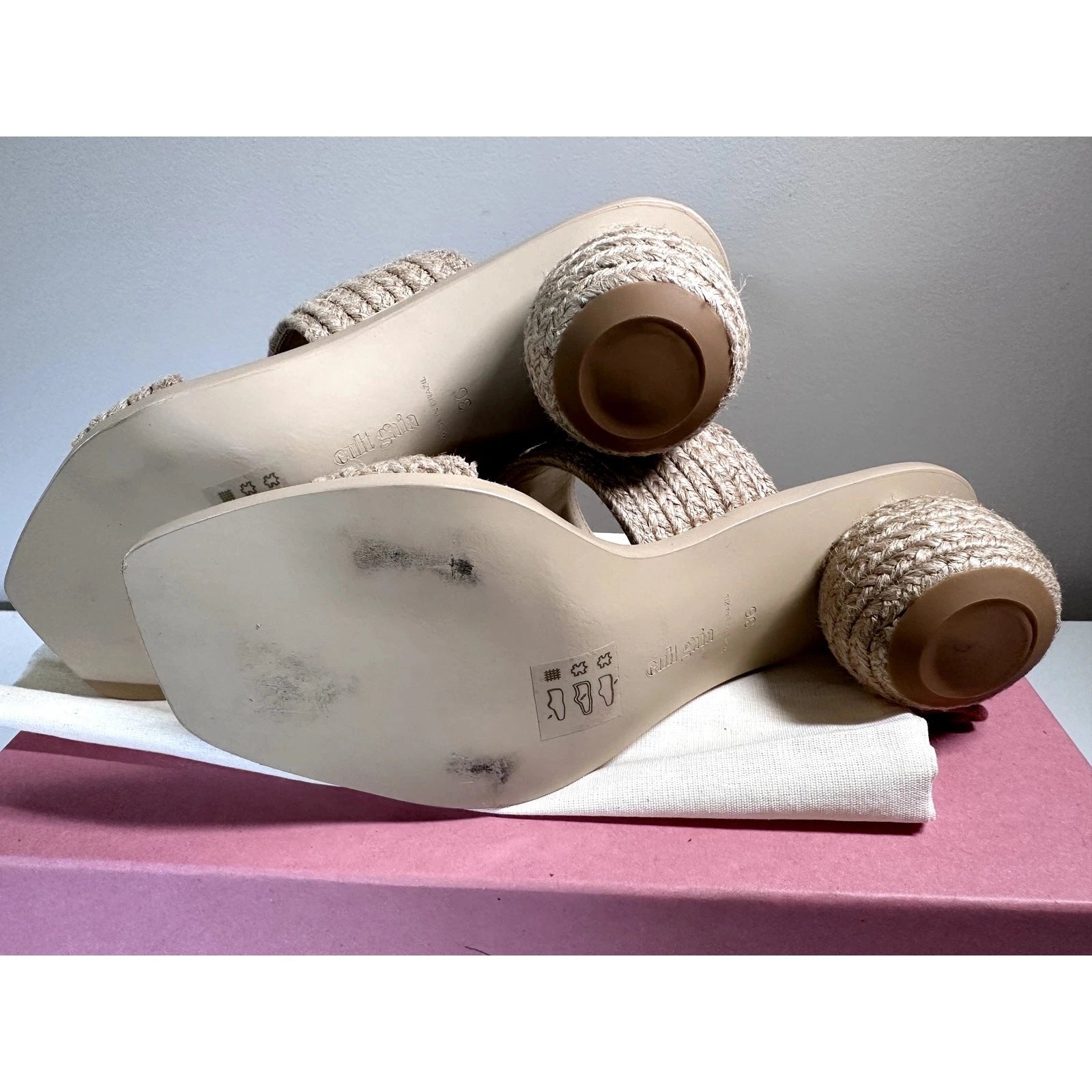 $428 Cult Gaia Jila Sandals Sphere Heel in Natural Open Toe Slide Style Sz 6 NEW