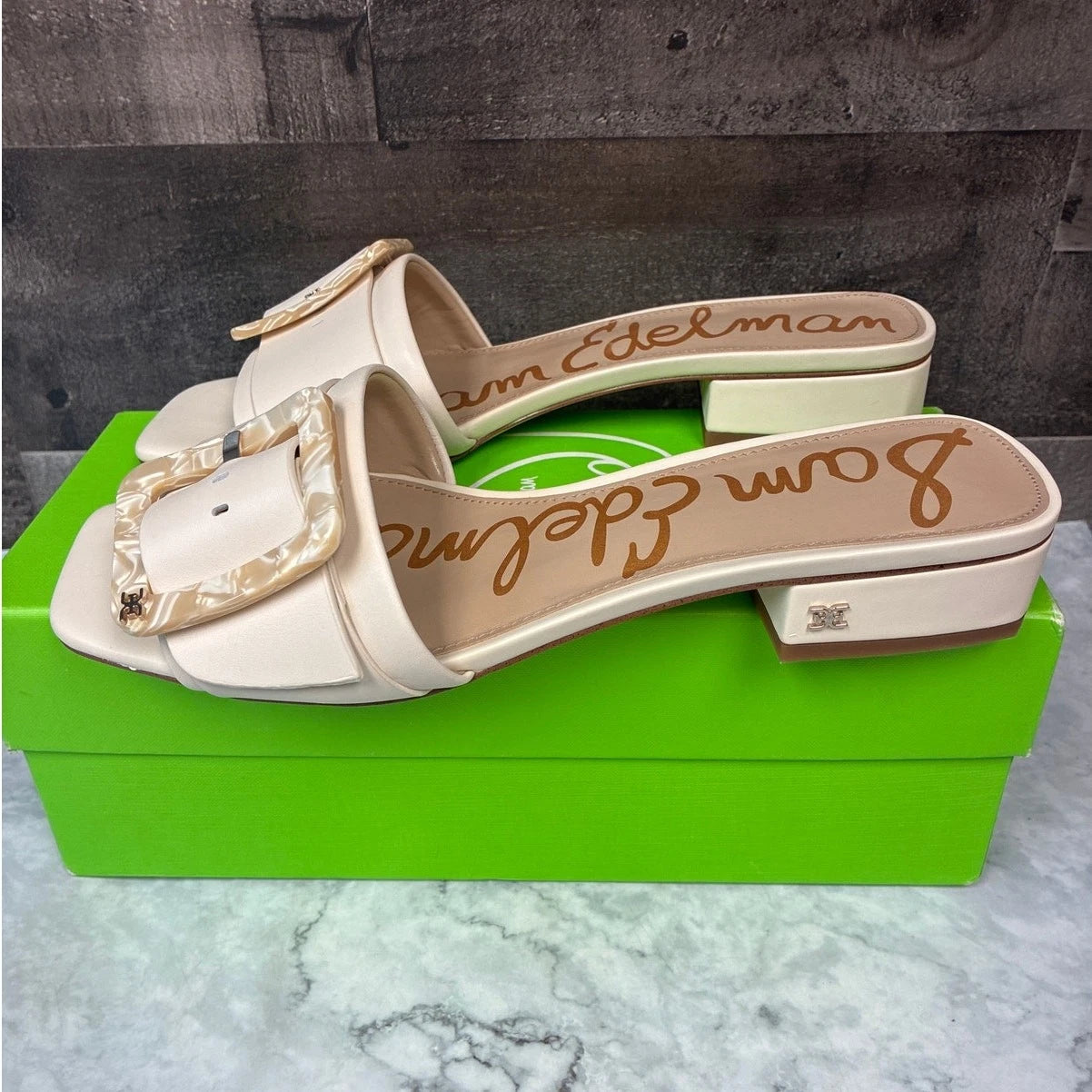 Sam Edelman Women's 10 M Ivory Leather Deacon Slide Sandals Square Toe LB2-21