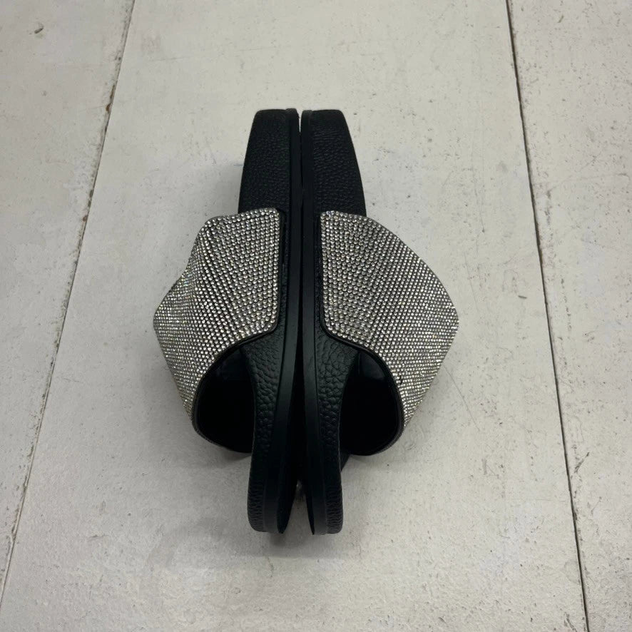 Fashion Nova Black & Silver Rhinestone Slip-On Slide Sandals Women's Size 6.5