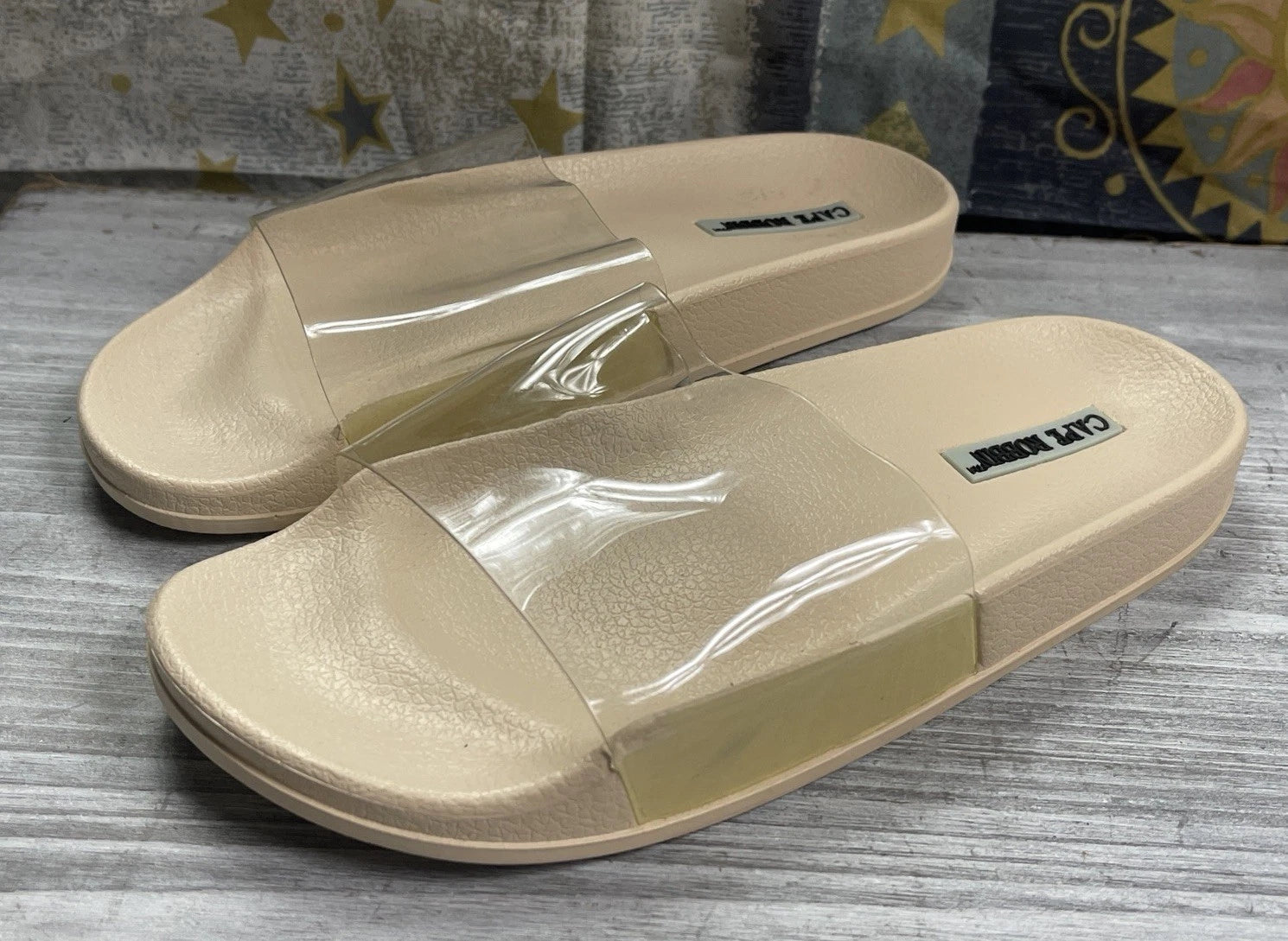 Cape Robbin Clear & Tan Strap Slides Sandals Beach Slip On Flats Mules - Size 7