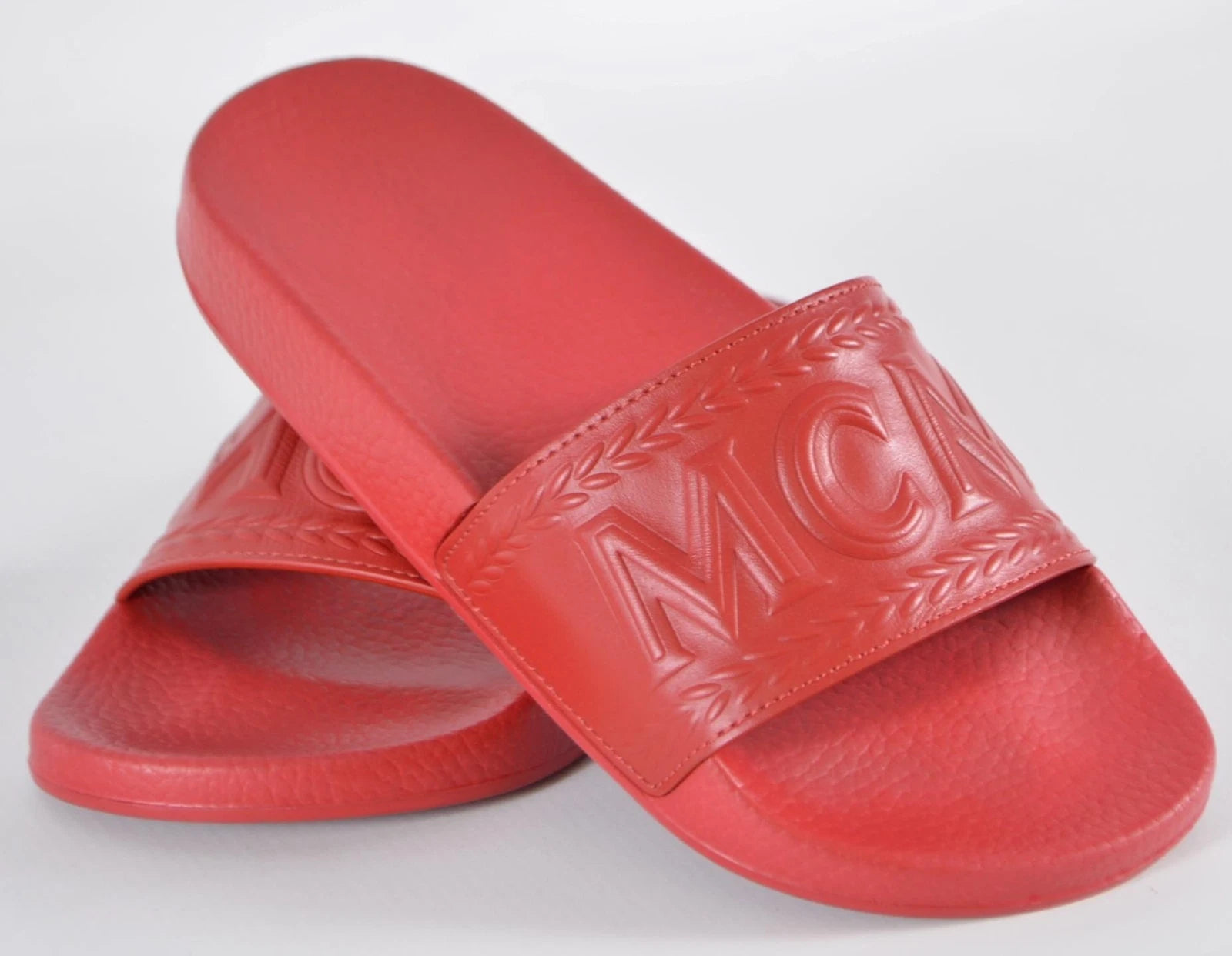 New MCM Women's Red Rubber Embossed Logo Pool Slides Sandals Shoes 36 6
