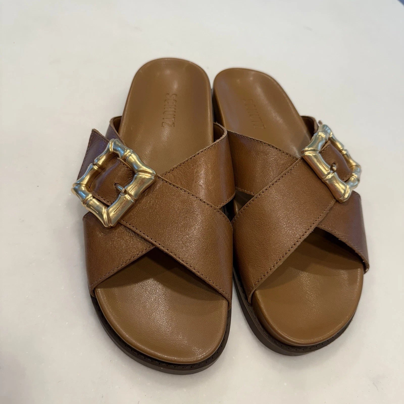 SCHUTZ Enola Crisscross Buckle CAMEL Leather Sandals Slides Women's 7 NEW!
