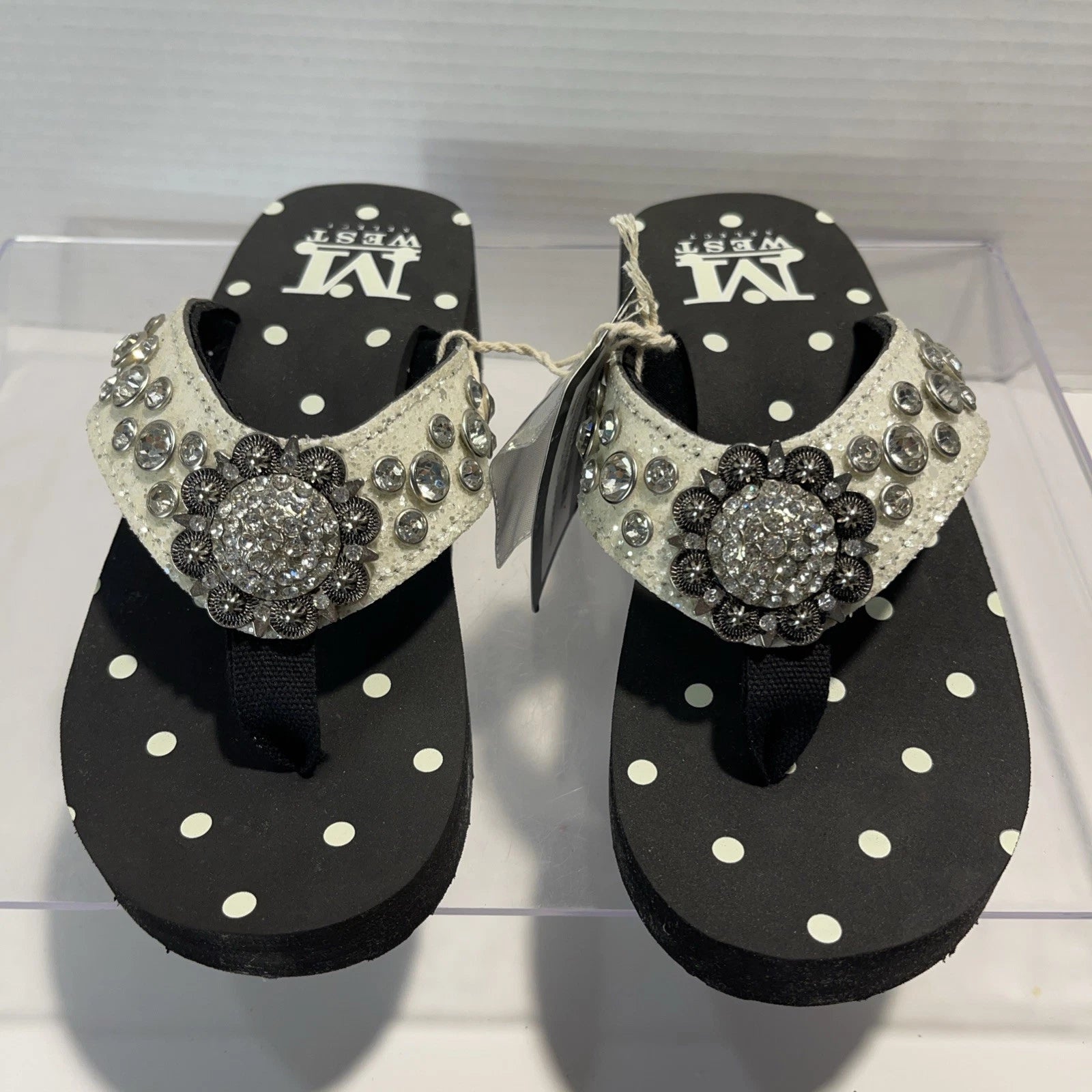 Montana West Rhinestone & Silver Stud Pearl Western Style Wedge Sandals Sz6-6.5