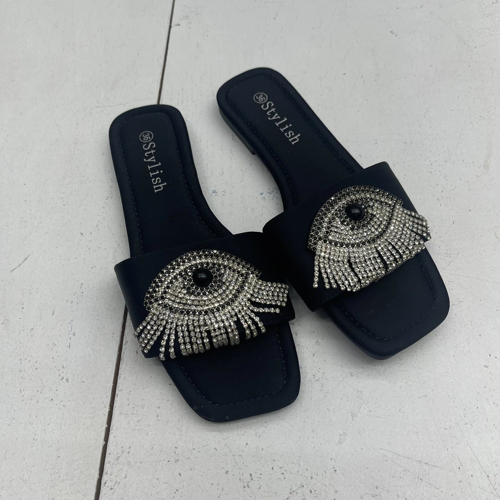 Stylish Black Rhinestone Tassel Evil Eye Square Toe Slide Sandals Women’s 36