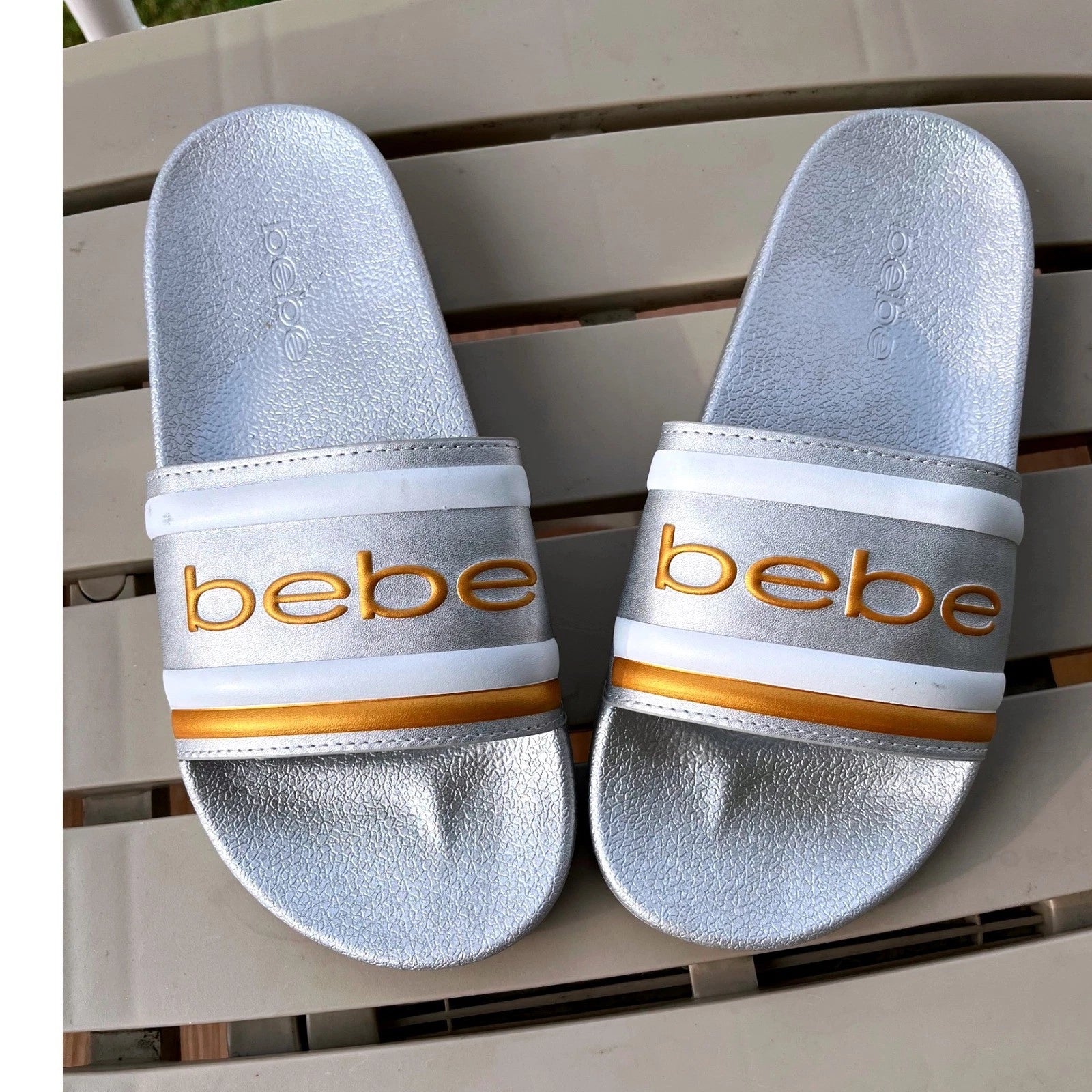 Bebe Silver Slides Sandals Women's Casual Slip On Logo Comfort Size 8 NWOT