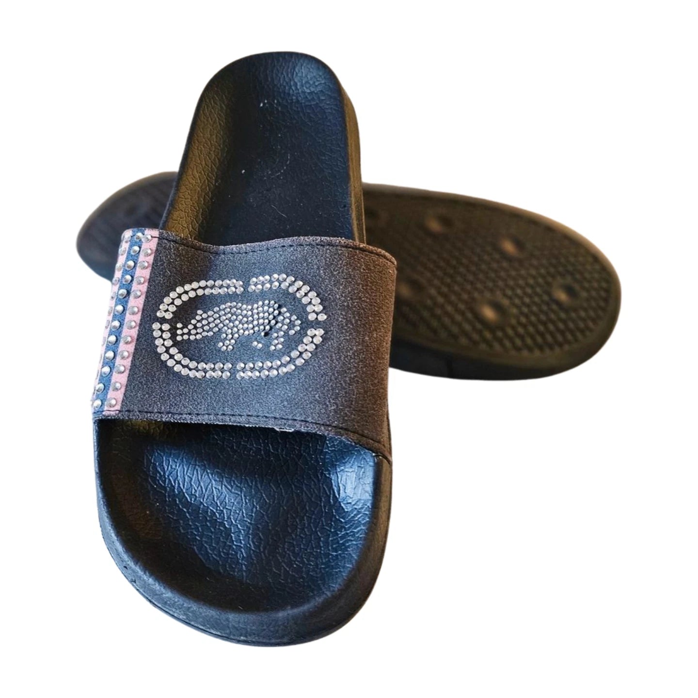 Ecko Unlimited SLIDES (Size 10) WOMENS Rhinestones PINK & BLACK Y2K Style
