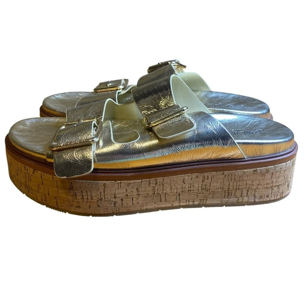 J/Slides Belinda Double Buckle Platform Gold Slide Sandals Women’s Size 10