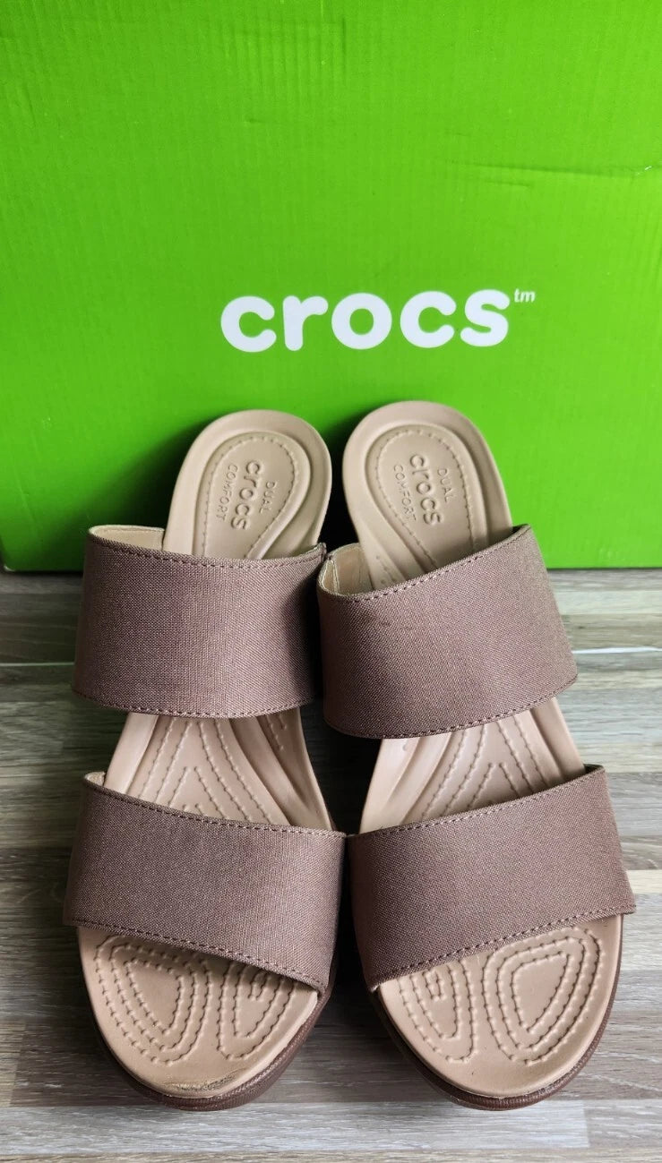 Crocs Leigh 2 Strap Wedge Sandals 11w Bronze Dual Comfort Women's Fashion Shoes