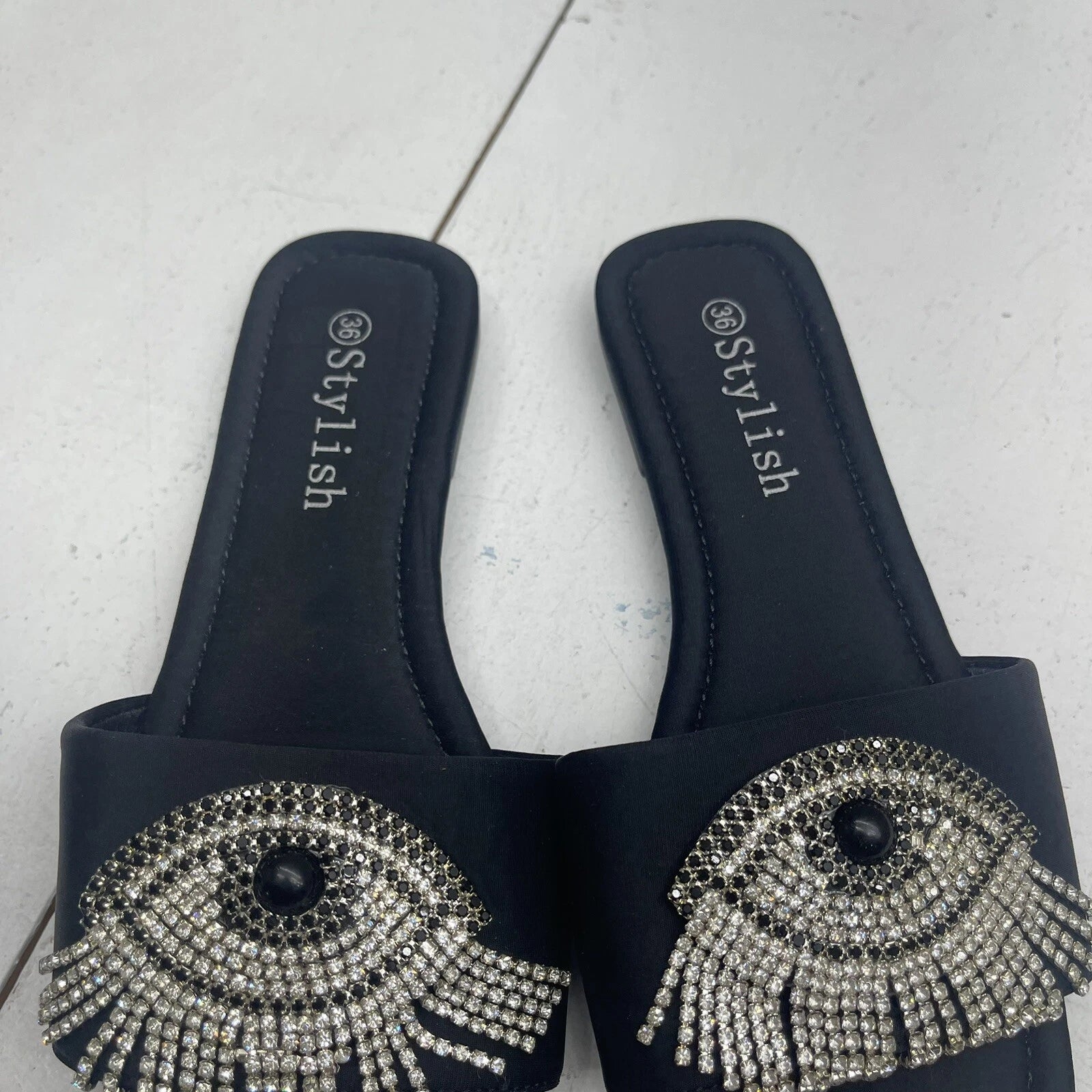 Stylish Black Rhinestone Tassel Evil Eye Square Toe Slide Sandals Women’s 36