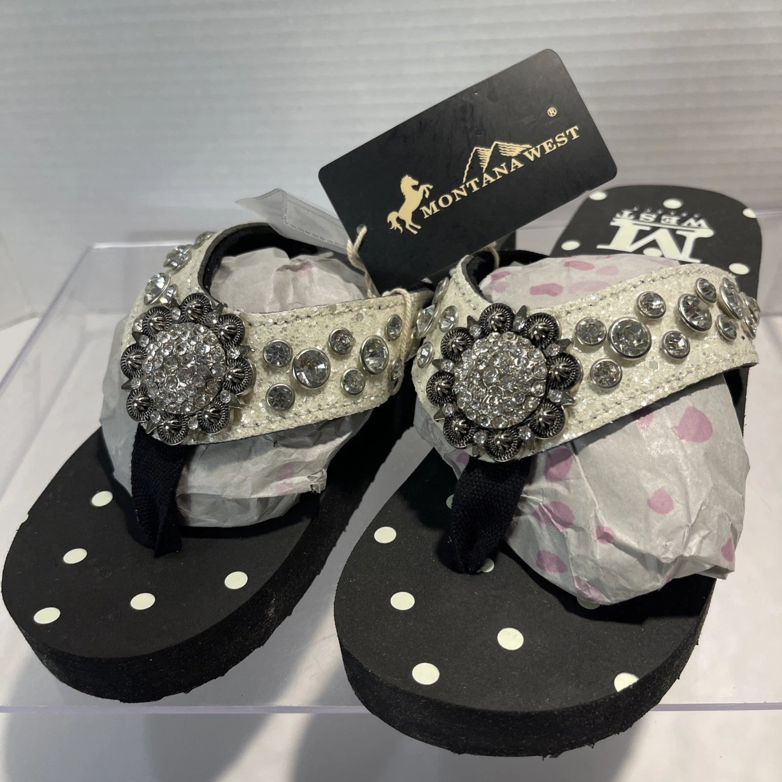 Montana West Rhinestone & Silver Stud Pearl Western Style Wedge Sandals Sz6-6.5