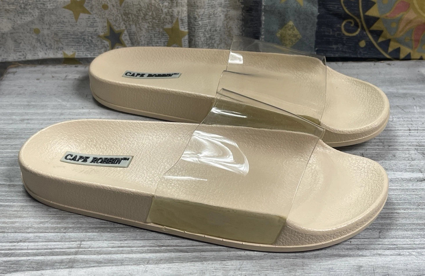 Cape Robbin Clear & Tan Strap Slides Sandals Beach Slip On Flats Mules - Size 7