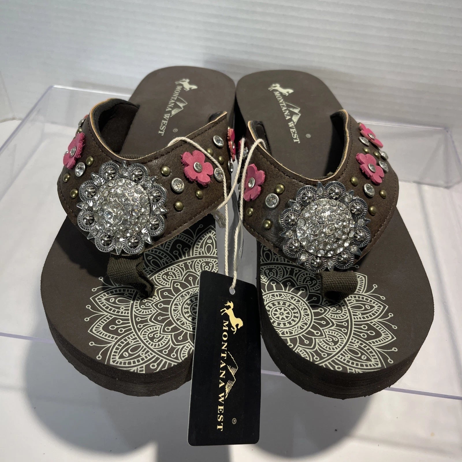 Montana West Flower CutOut Rhinestones/Studs Western Style Wedge Sandals Sz8-8.5