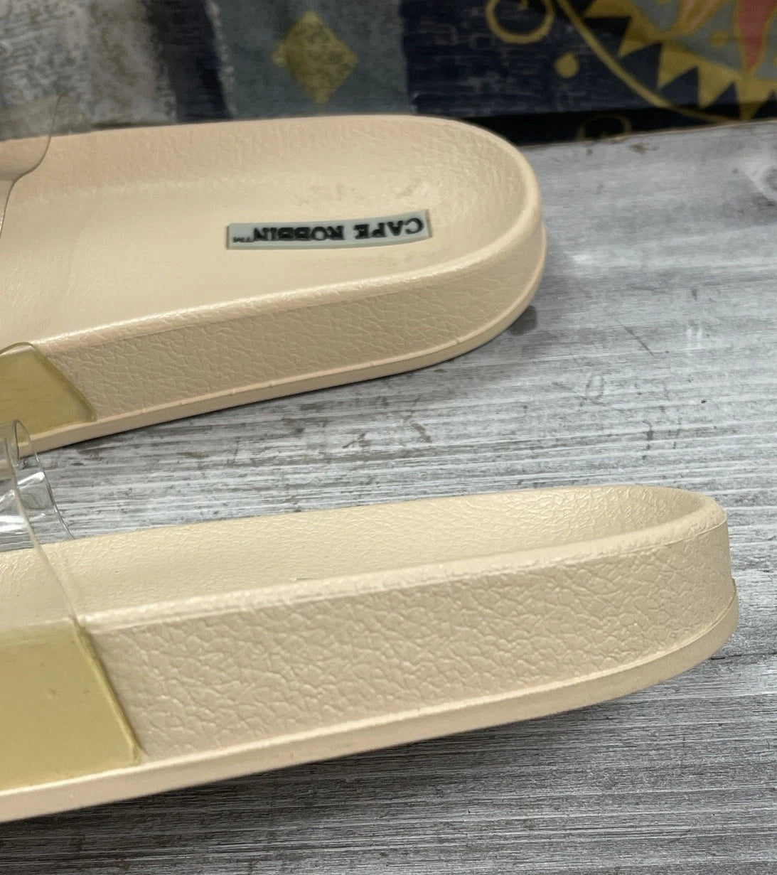 Cape Robbin Clear & Tan Strap Slides Sandals Beach Slip On Flats Mules - Size 7