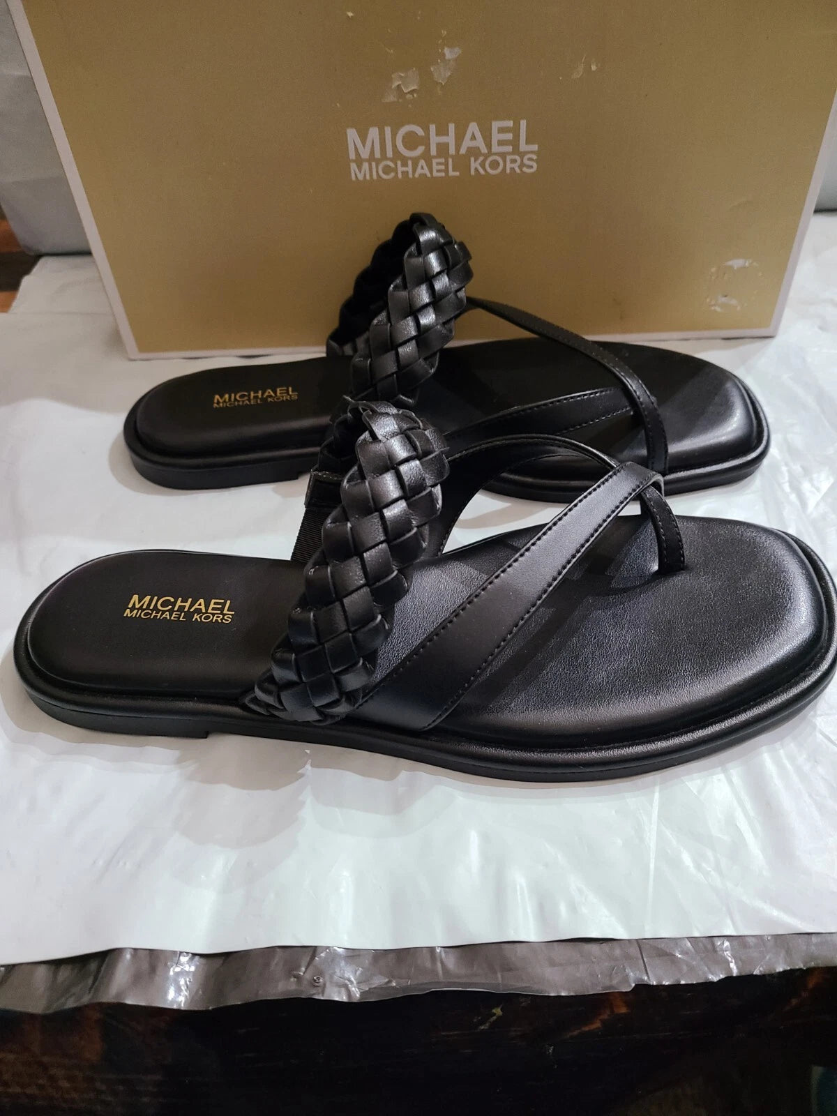 Michael Kors Alba Braided Thong Slide, Faux Leather, Black, Women's 7M, NEW