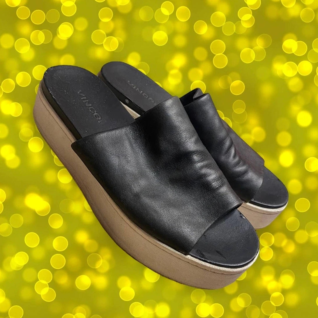 vince. Black Leather Platform Y2K-Style Slide Sandals Size 6