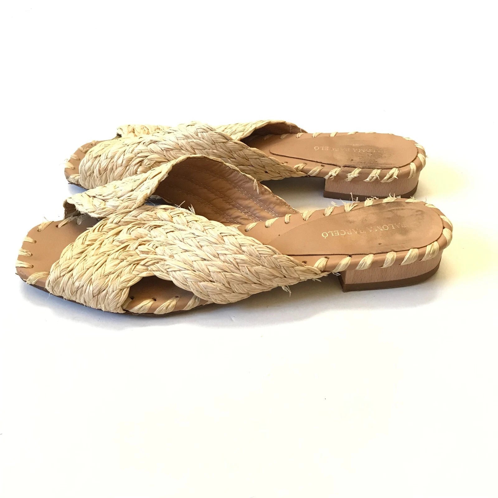 Paloma Barcelo Raffia Sandals Slide Womens 39 9 Natural Open Toe Slip On Leather