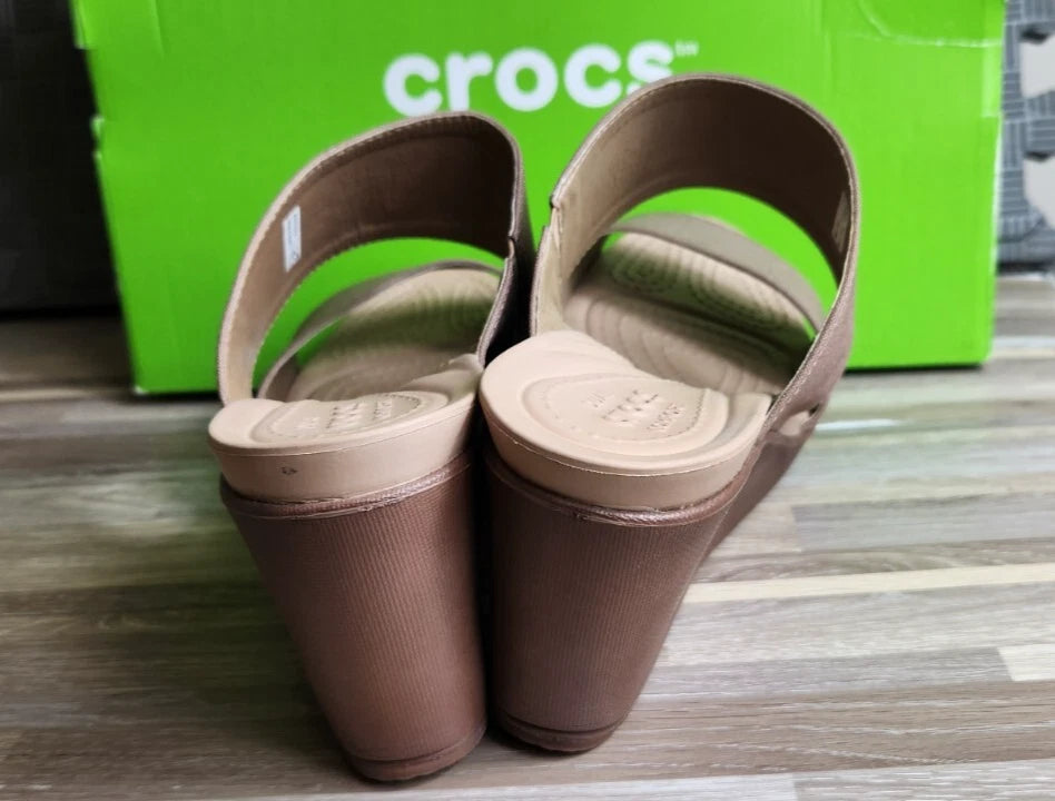 Crocs Leigh 2 Strap Wedge Sandals 11w Bronze Dual Comfort Women's Fashion Shoes